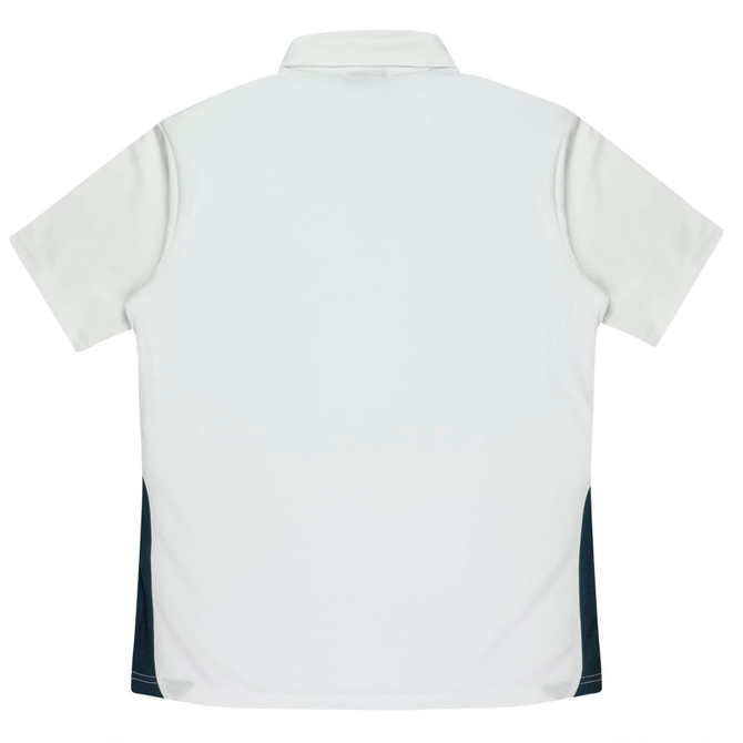 A men's polo shirt in white with dark green side panels and a collar, featuring a logo on the front.