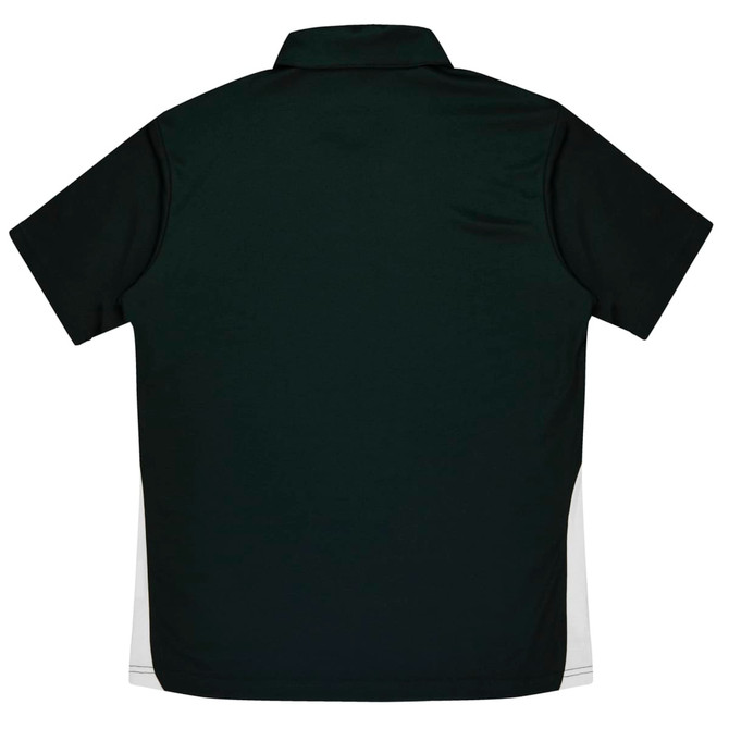 A dark green polo shirt with short sleeves features a white side panel and a collar. It has a logo on it.