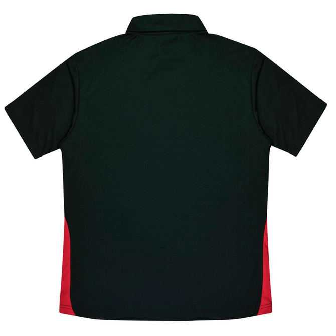A dark green polo shirt with red side panels and a collar, featuring a logo on the back.