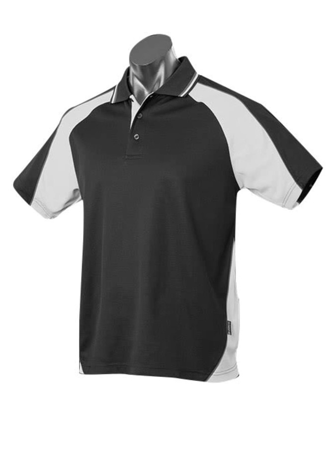 A black and grey polo shirt displayed on a mannequin with a logo on it.