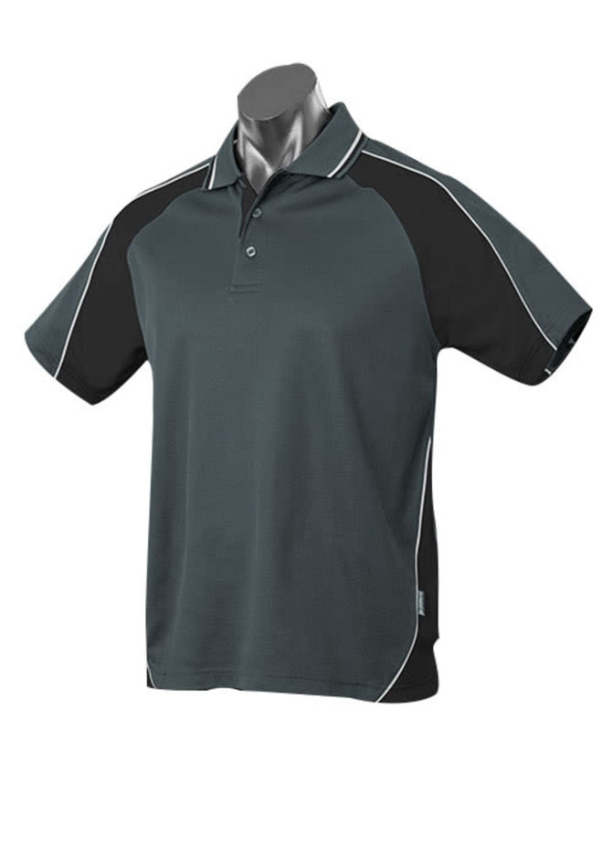 A dark green polo shirt with black accents and white piping, displayed on a mannequin. Features a logo on the sleeve.