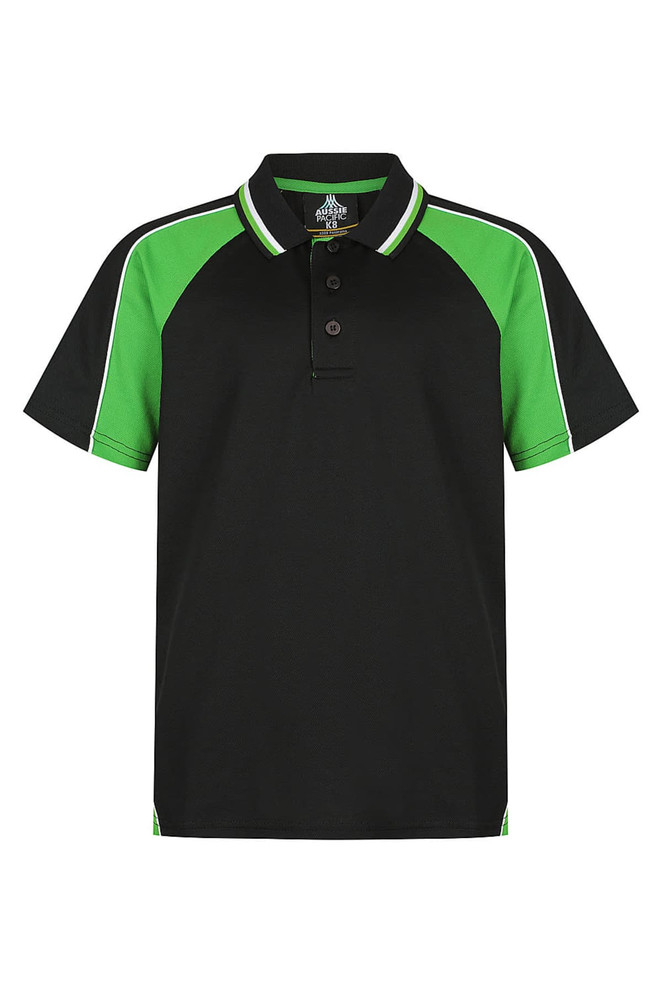 A black polo shirt featuring green accents and a logo. Suitable for children, with a sporty design.