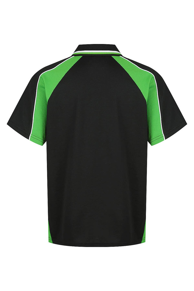A black and green polo shirt featuring a contrasting design and a logo on the back.
