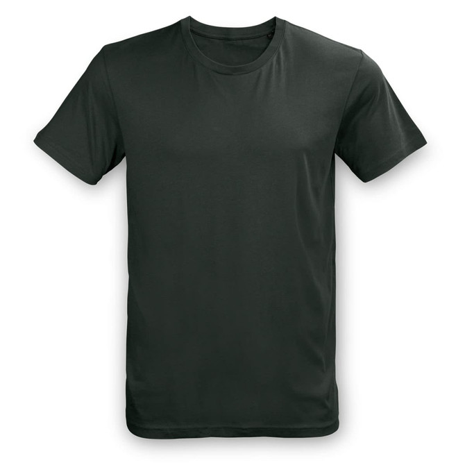 A dark green unisex T-shirt with short sleeves and a crew neck, featuring a logo.
