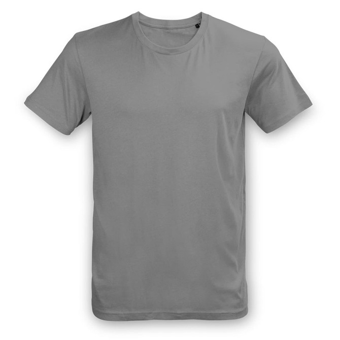 A grey unisex T-shirt with a classic crew neckline and short sleeves, featuring a logo.