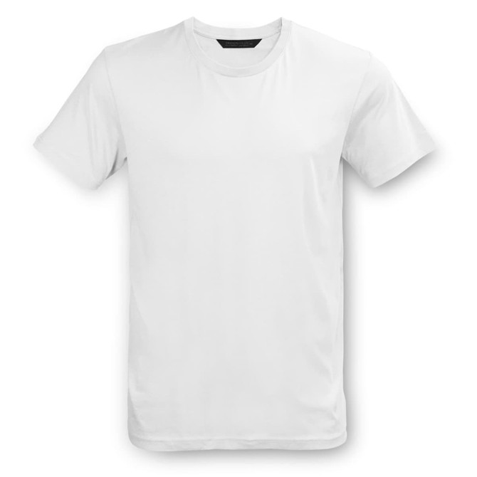 A plain white unisex t-shirt with short sleeves, featuring a subtle logo. Suitable for various casual occasions.
