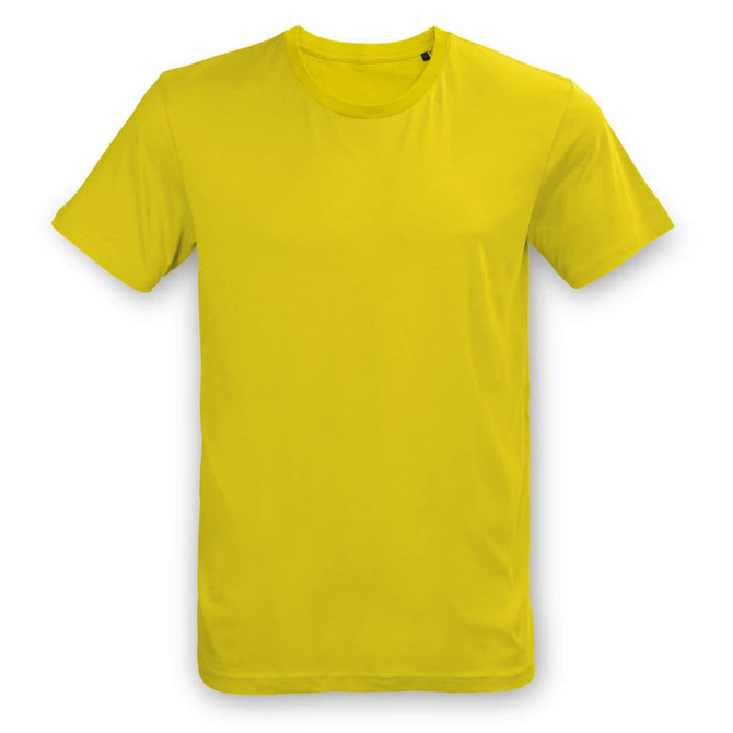 A bright yellow unisex T-shirt with short sleeves and a simple design. It features a logo on one side.