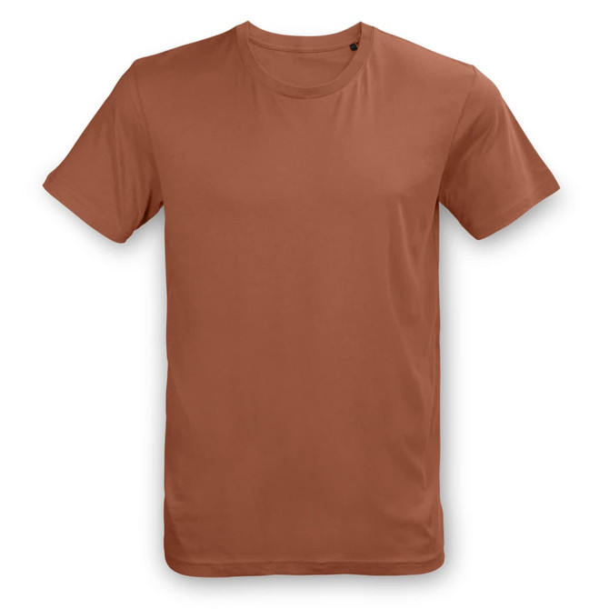 A unisex t-shirt in a burnt orange colour, featuring a simple design and a logo on the label.
