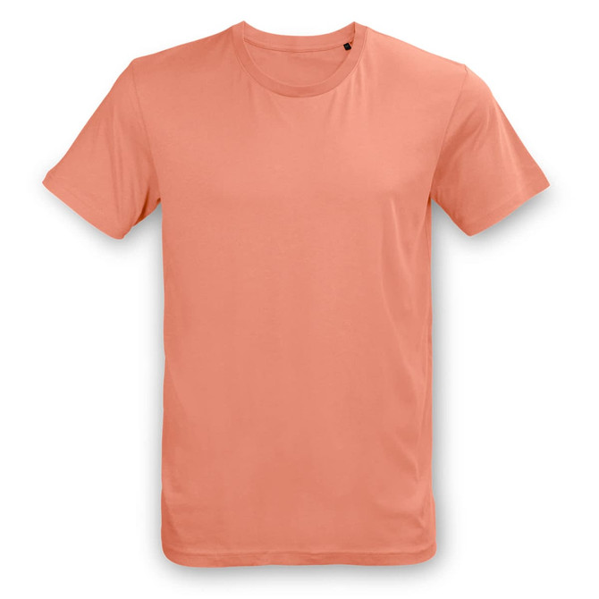 A plain unisex T-shirt in a coral colour, featuring short sleeves and a round neck. It has a logo on the tag.