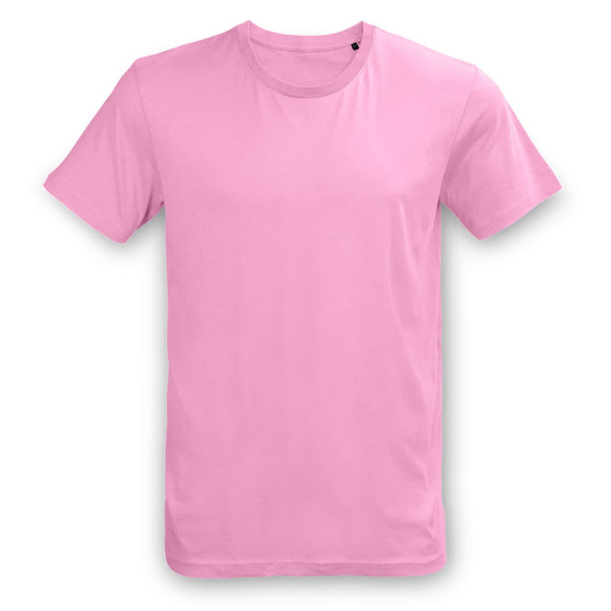 A plain pink unisex t-shirt with short sleeves and a round neck, featuring a logo on the tag.