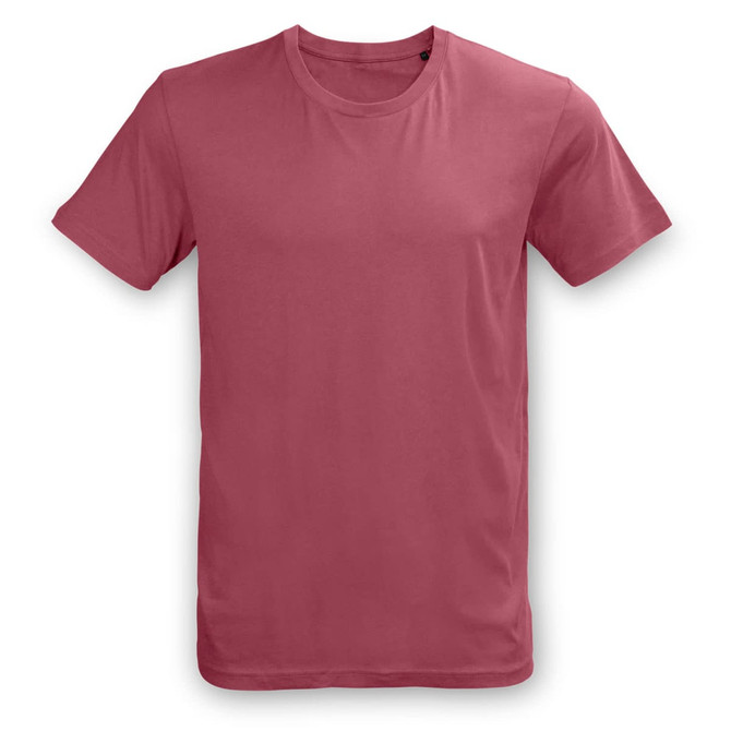 A unisex T-shirt in a muted pink colour with short sleeves and a round neckline, featuring a logo.