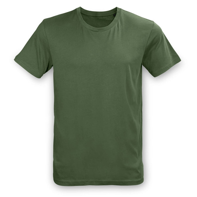 A green unisex t-shirt featuring a crew neckline and short sleeves, with a logo on the front.