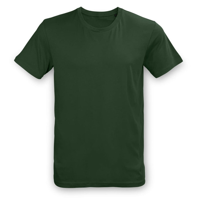 A green unisex T-shirt with a round neckline and short sleeves, featuring a logo.