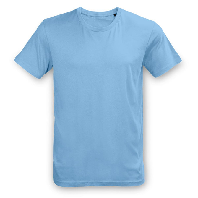 A light blue unisex T-shirt with a crew neck and short sleeves. It has a logo on the label.