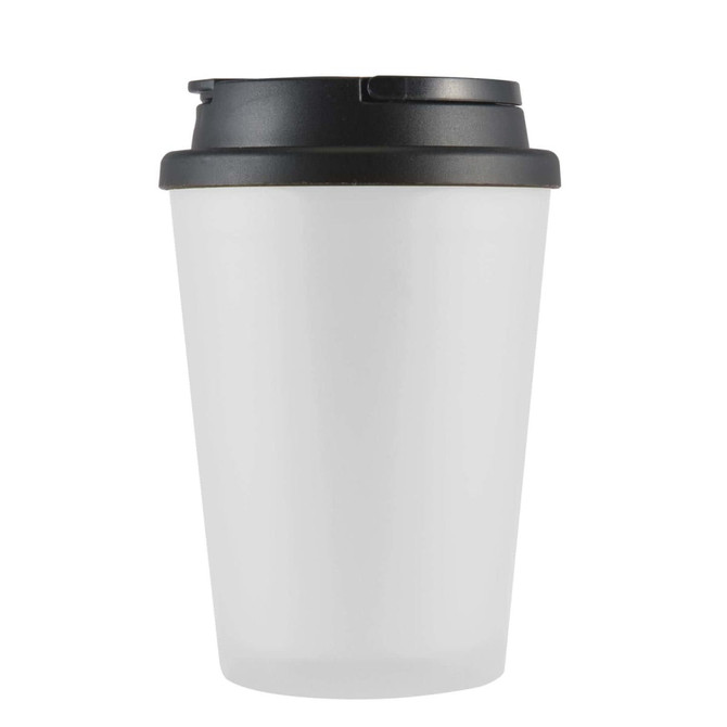 A coffee cup with a translucent white body and a black lid, featuring a logo on the lid.
