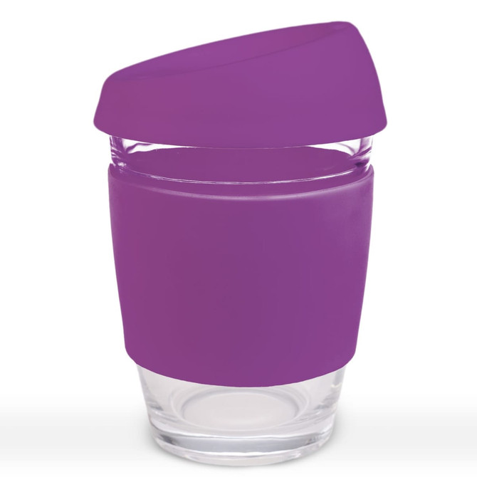 A reusable coffee cup featuring a transparent design with a purple silicone sleeve and matching lid.