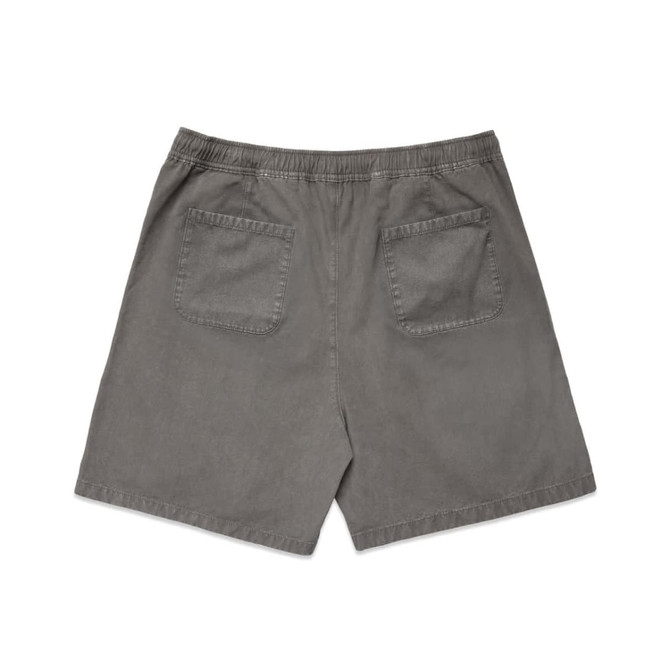 Faded grey dress shorts featuring an elastic waistband and two back pockets. Includes a logo.