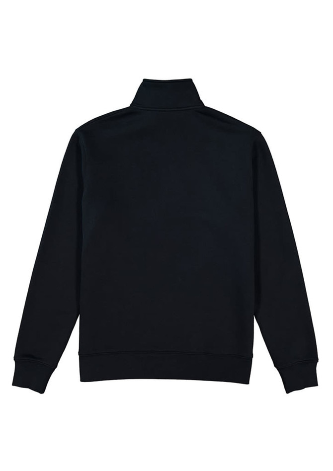 A black men's jumper with a 1/4 zip and a high collar, featuring a logo on the back.
