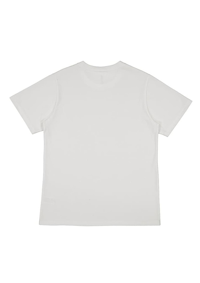 A white short sleeve tee shirt with a plain design and a small logo on the back.