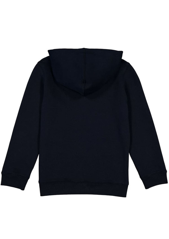 A navy blue hoodie with a hood and long sleeves, featuring a simple design on the back.