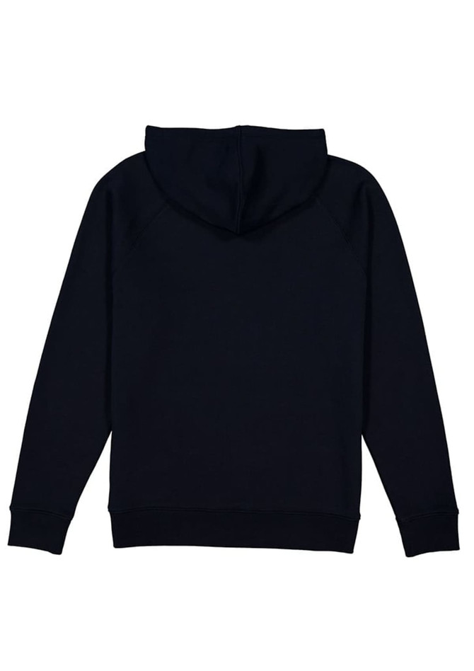 A black hoodie featuring a hood and long sleeves, with a logo on the back.