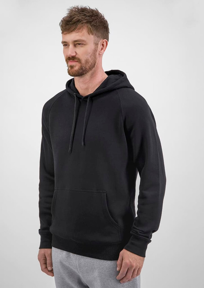 A black men's hoodie with a front pocket and a drawstring hood, modelled by a man.