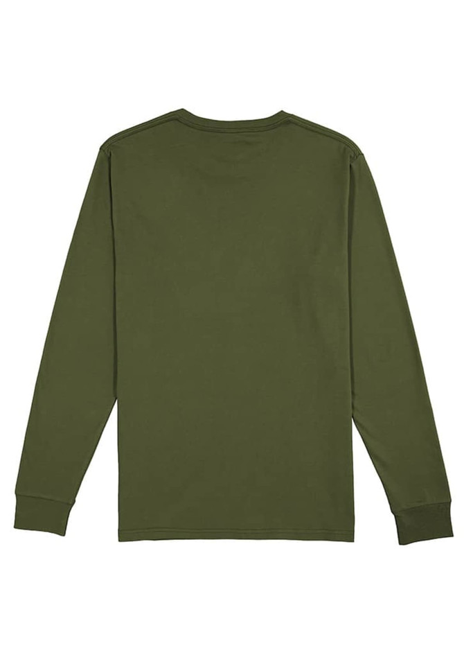 An olive green long sleeve tee with a crew neckline and a logo on the back.