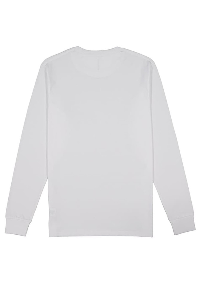 A long sleeve tee in white, featuring a back view and a small logo at the hem.