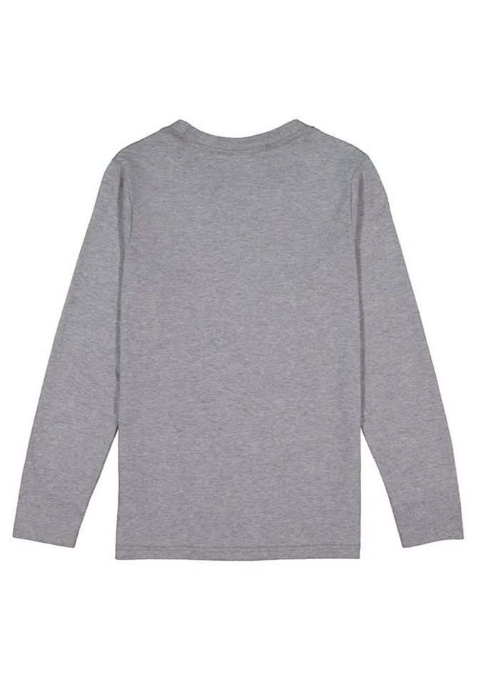 A grey long sleeve tee for kids with a simple back design and a small logo.