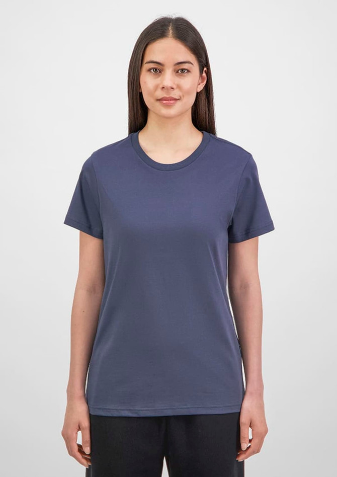 A women's short sleeve tee in navy blue, featuring a simple design and a logo on the label.
