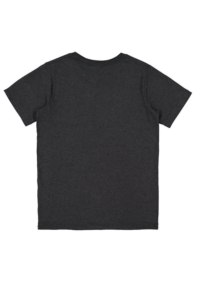 A dark grey short sleeve t-shirt with a plain back design. It has a logo on the back.