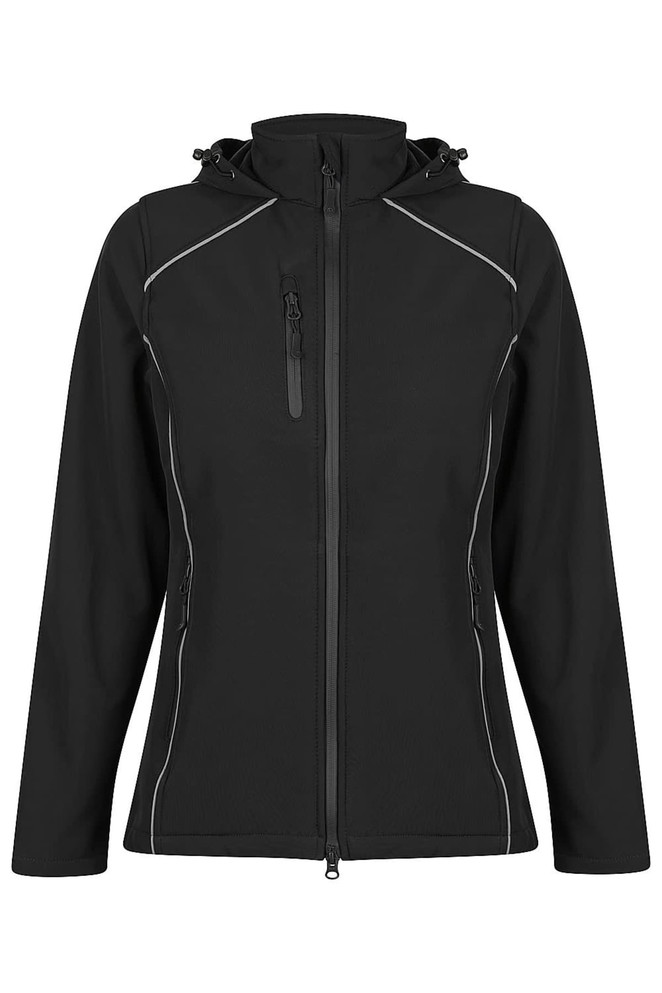 A black soft shell jacket with a hood, featuring zippered pockets and contrasting stitching. It has a logo.