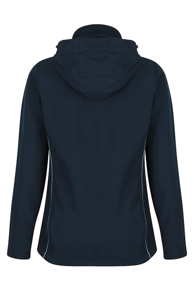A dark navy soft shell jacket with a hood, featuring a sleek design and contrasting side seams.