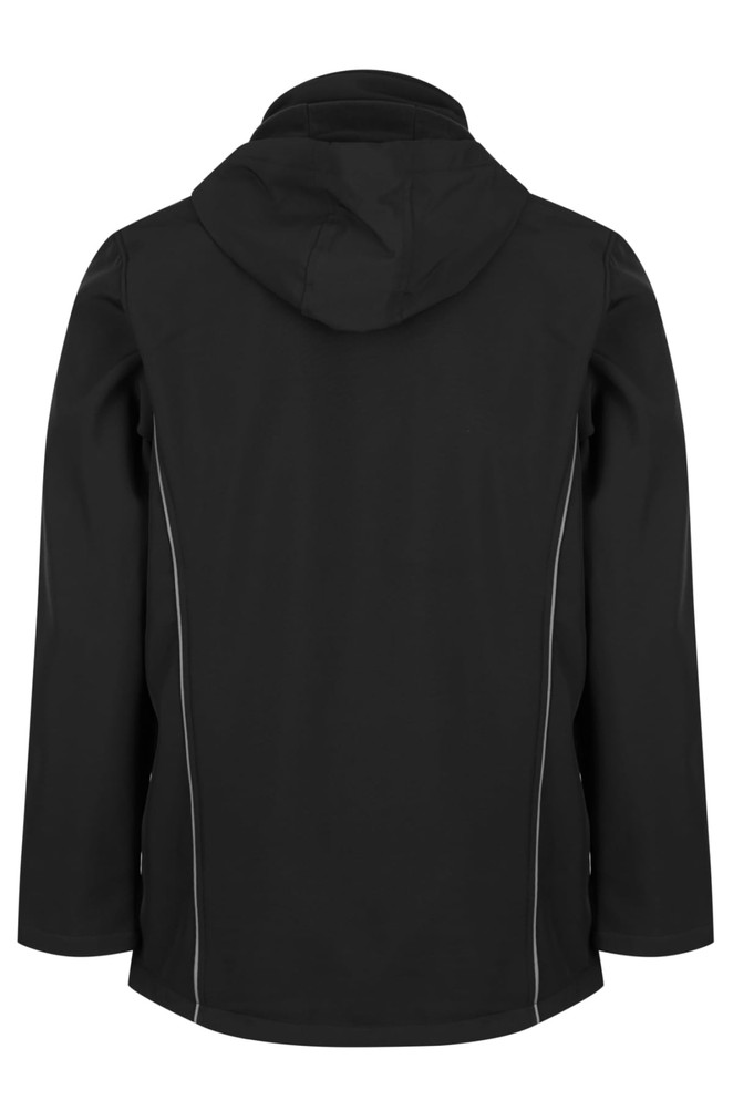 A black soft shell jacket featuring a hood and reflective detailing. The view shows the back of the jacket.