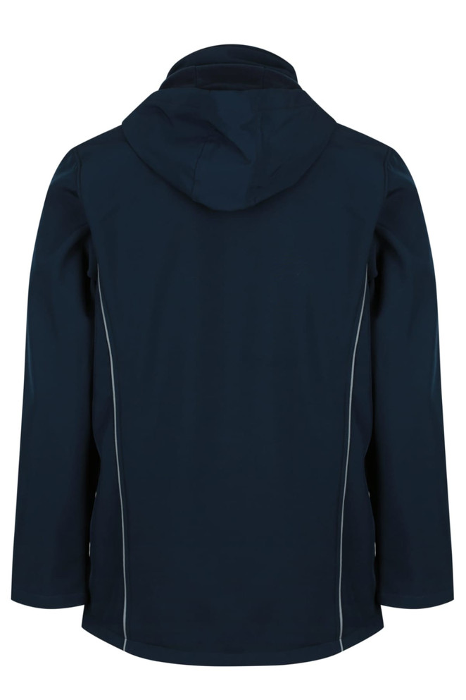 A dark navy soft shell jacket with a hood, featuring a sleek design and contrasting stitching.