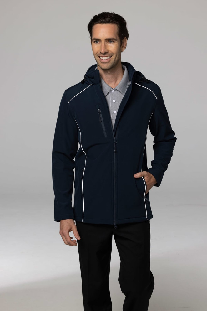 A navy men's jacket with a hood, featuring white trim and a zippered front, displayed on a male model.