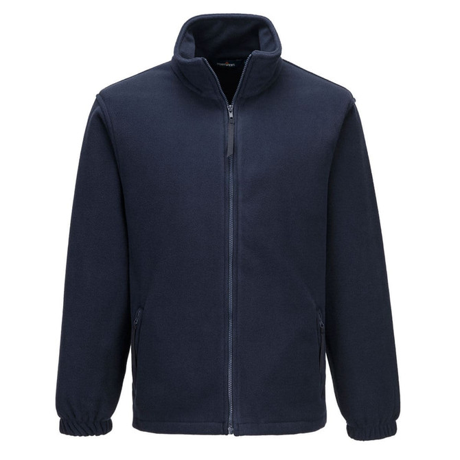 A navy Aran fleece jumper with a full zip and side pockets, featuring a collar and a logo.