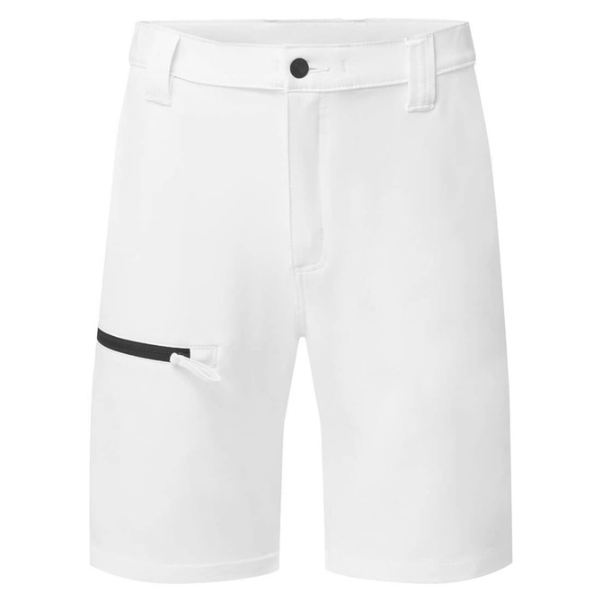 White eco stretch shorts featuring a black zip pocket and a branded logo.
