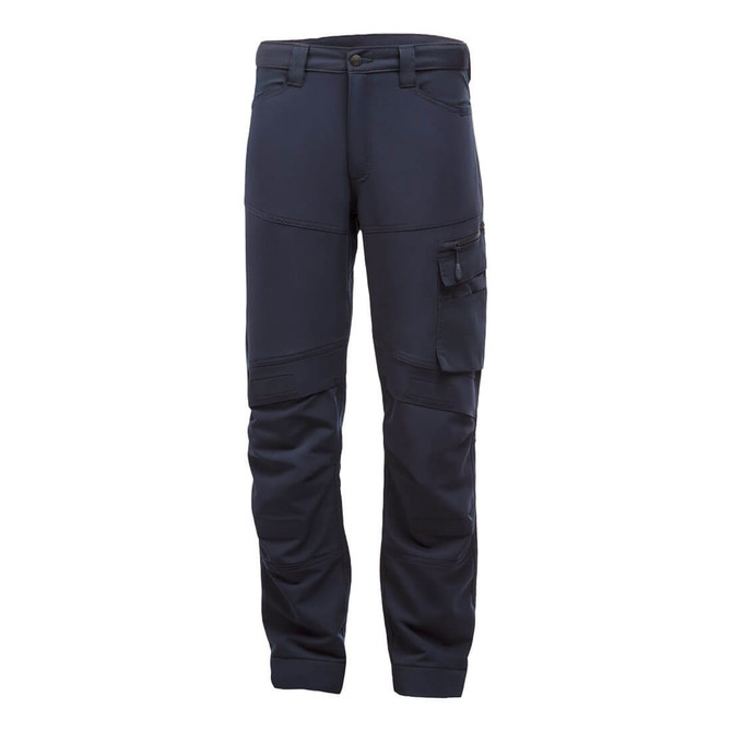Dark navy trade pants with multiple pockets and a fitted design. Features stitching detailing and a logo.