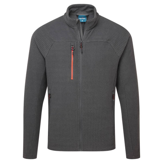 A textured fleece jacket in grey with a zippered front and contrasting orange zip detail. It features two side pockets and a branding logo.