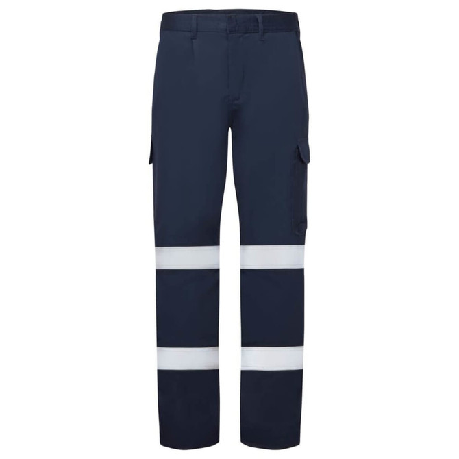 Navy work pants featuring reflective stripes and multiple pockets. Includes a logo on the garment.
