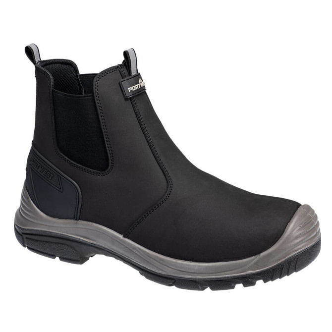A black nubuck dealer boot with elastic sides and a rubber sole, featuring a logo on the side.