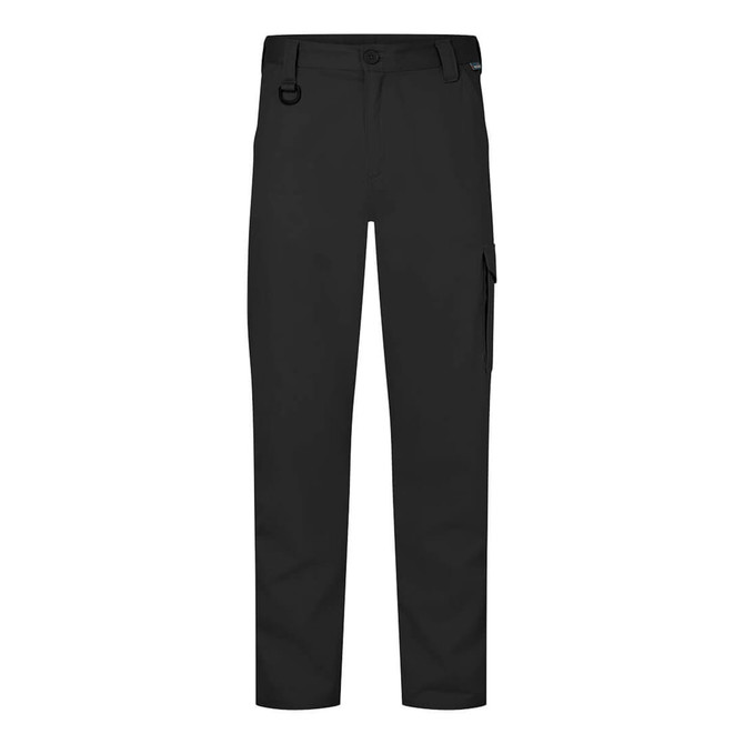 Lightweight drill pants in black, featuring a slim fit and a side pocket, with a branded logo.