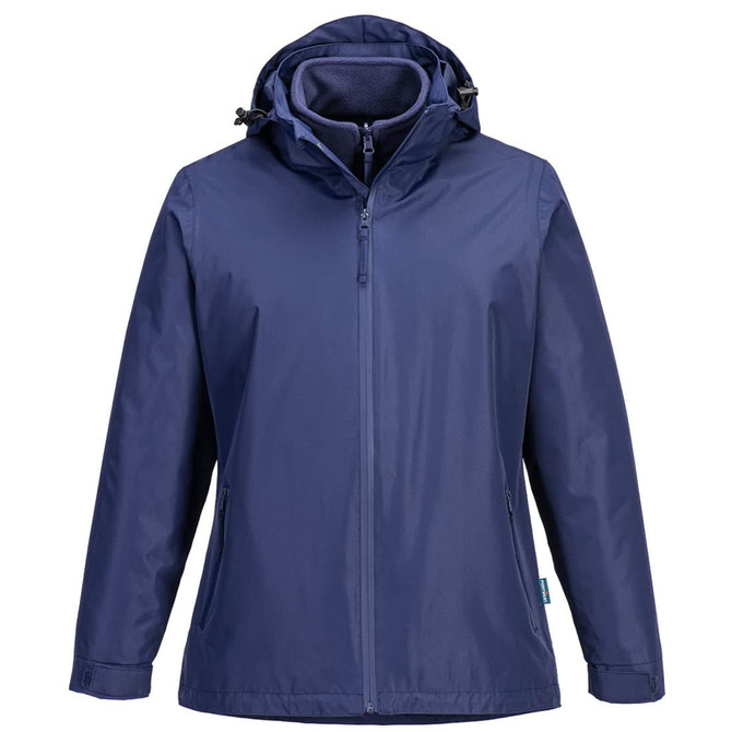 A navy blue women's 3-in-1 jacket featuring a hood and zip closure. It has a logo on the exterior.