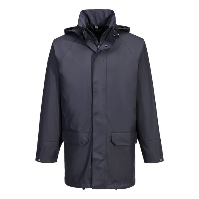 A dark navy waterproof jacket with a hood, featuring front pockets and a concealed zipper, including a logo.