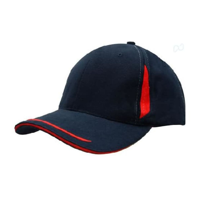 A navy cap with red peak trim and sandwich detailing, featuring crown inserts and a logo.