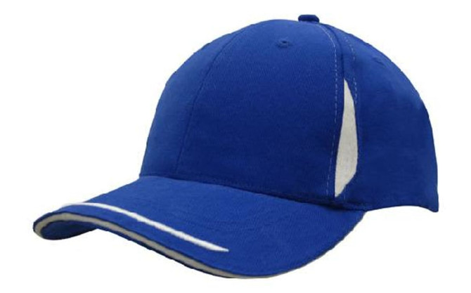 A blue cap with a peak trim and sandwich detailing, featuring contrasting white inserts. Includes a logo.