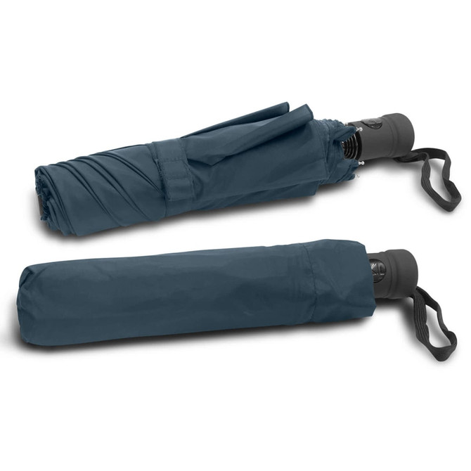 A tri-fold umbrella in a dark blue colour, featuring a handle and a strap for easy carrying.