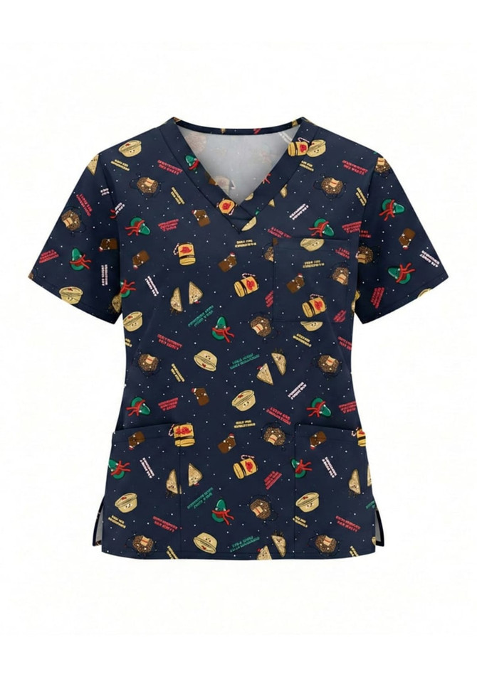 A unisex Christmas scrub top in navy featuring festive patterns, including decorations and food items, with a logo.