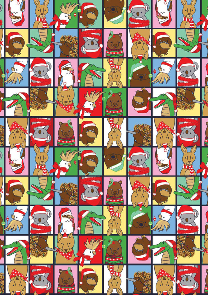 A festive scrub top featuring a grid pattern of cartoon animals in Christmas attire, with vibrant colours and playful designs.